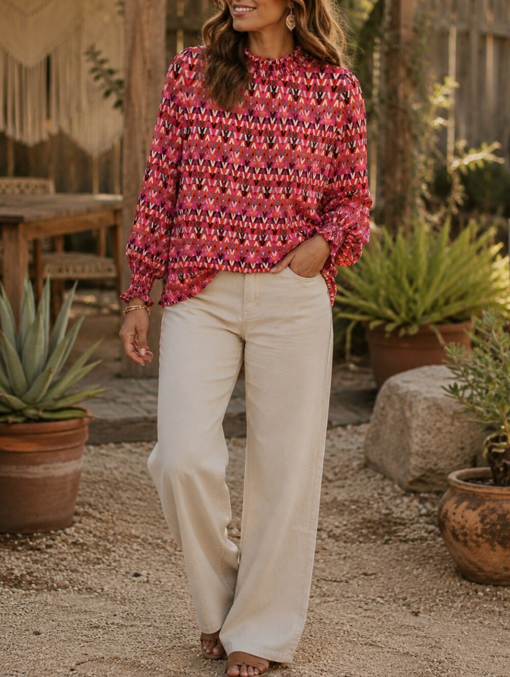 NWT Papillon Blanc Multicolor Chevron Print Ruffle Neck Blouse Oversized Boho